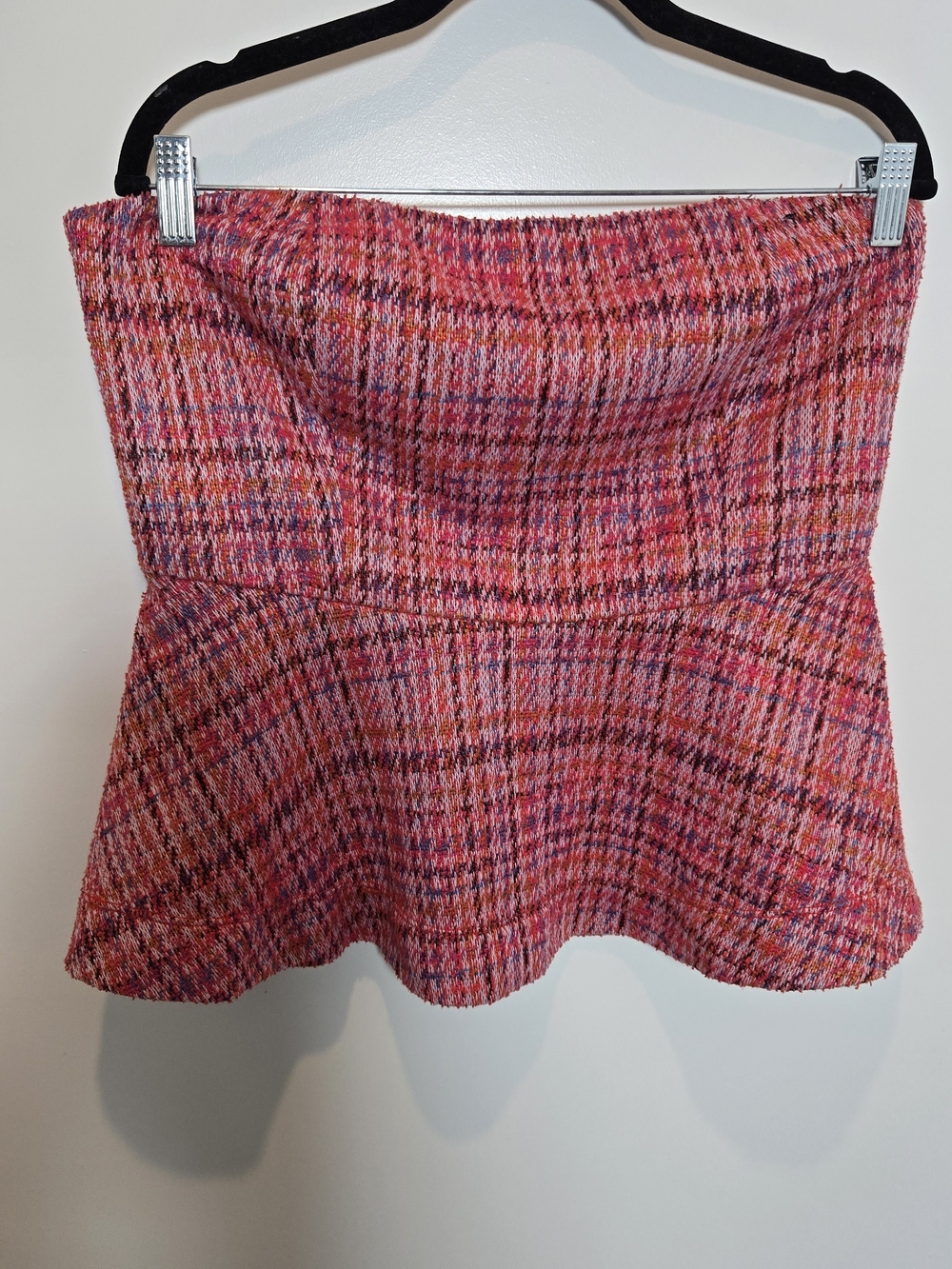 Maeve Pink Multicolor Plaid Tweed Strapless Peplum Top